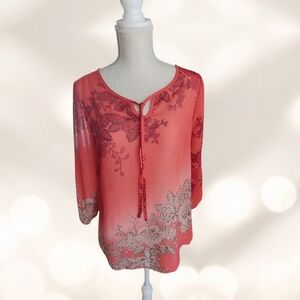 Adiva Coral-Pink Floral Tie-Neck Blouse